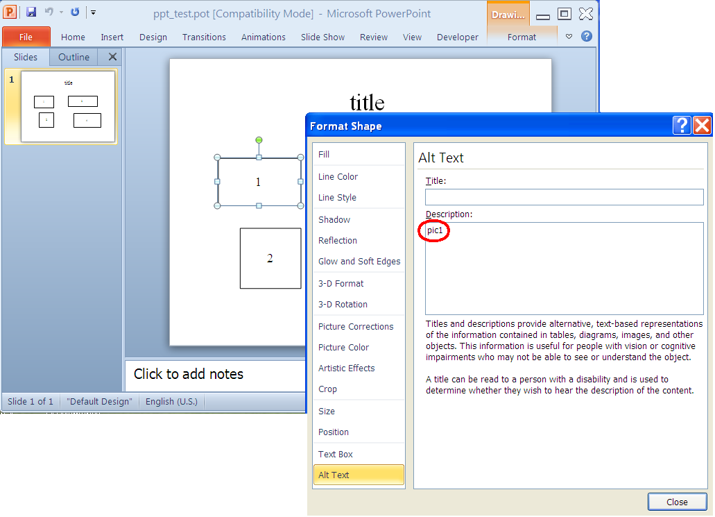 screen shot of Alternative Text (Office 2010)